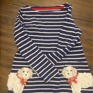 Boden Navy and White Striped Tunic with Dog Appliqué